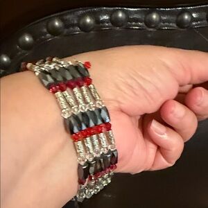 Hematite Magnetic Beaded Bracelet or Necklace with Red and Silver Accents